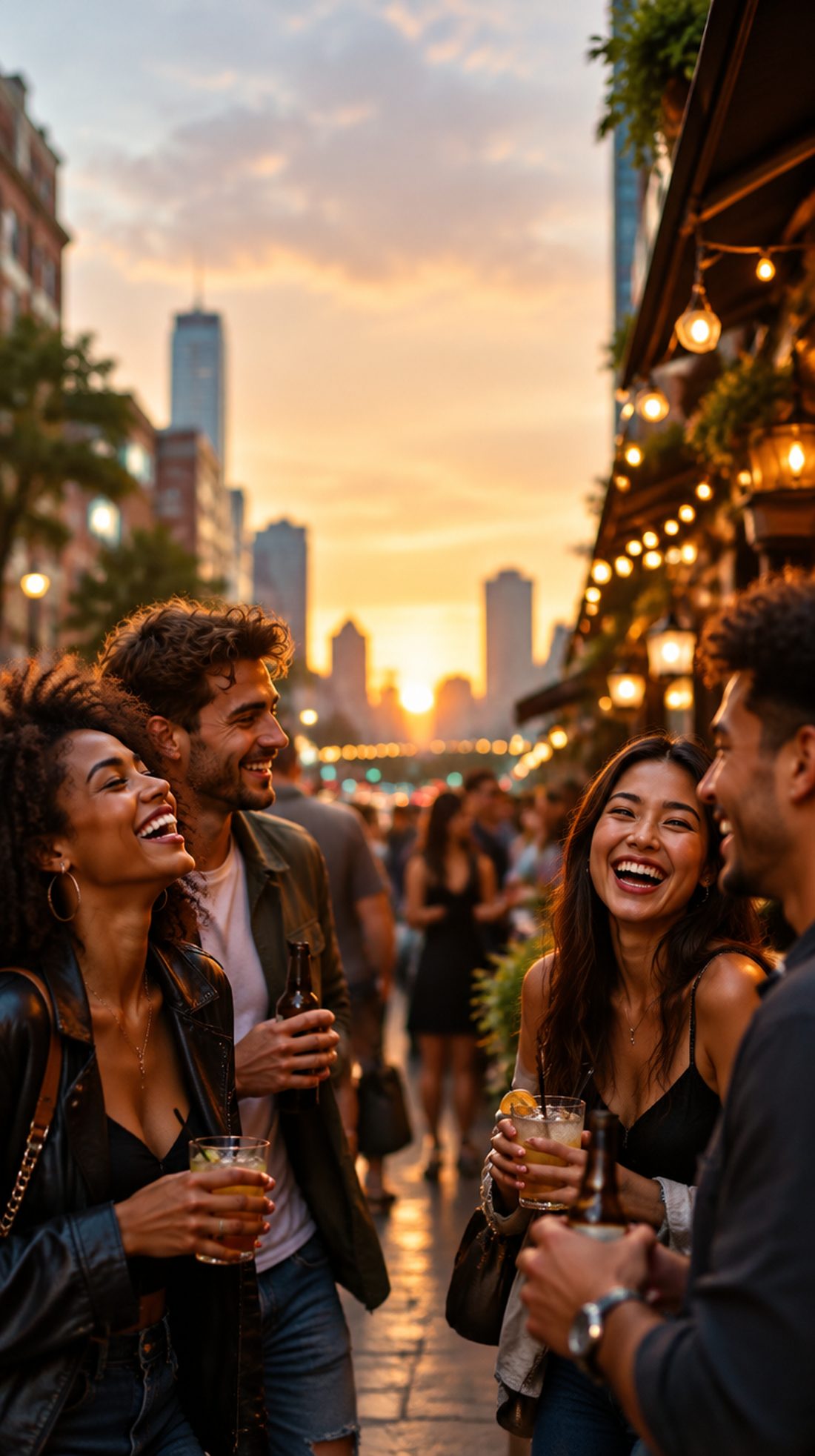 Friends laughing on a city street at sunset